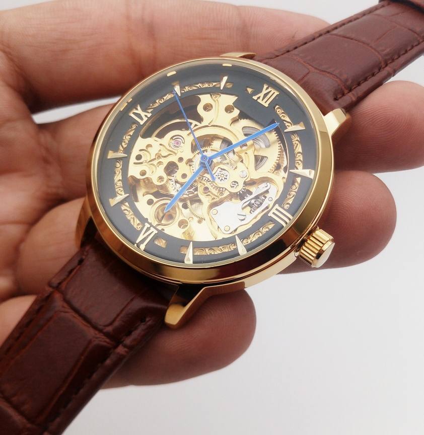 Rolex Skeleton Brown Leather Watch Automatic