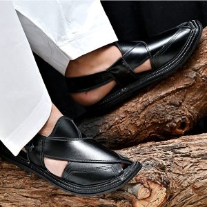 Black Leather Peshawari Chappal T Cut - Image 3