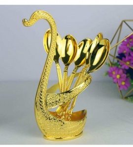 Luxury Gold Swan Spoon Set with Holder – 6pcs Coffee & Tea Spoons - Image 1